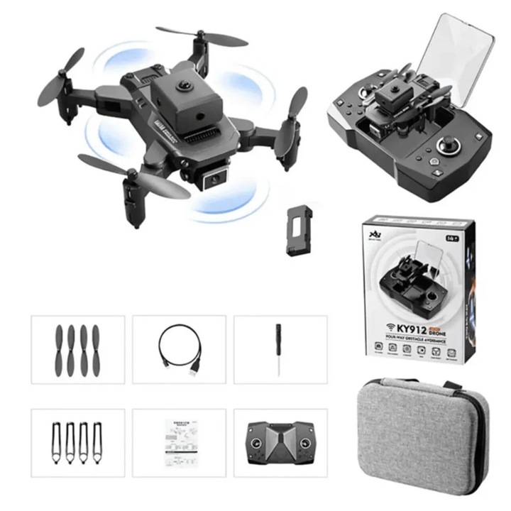 Mini Dronă KY912 cu Cameră Duală 4K și 1080P, Brațe Pliabile, Dimensiuni 14.5x14.5x5cm, Pliată 8x6x5cm