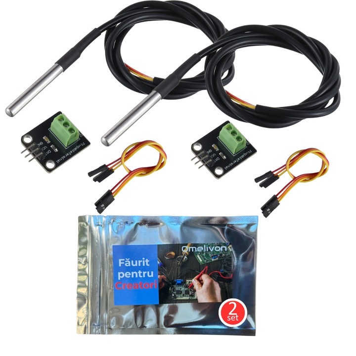 Set de 2 module senzor de temperatura DS18B20, impermeabil, otel inoxidabil, 3-5.5V