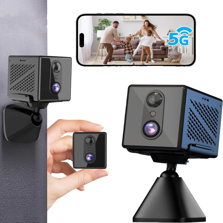 Camera mini HD 2K, Bedee®, 5GHz WiFi si 2.4G WiFi, Obiectiv cu unghi larg de 120°, baterie mare de 2300mAh, detectare a miscarii PIR, vizualizare live si inregistrare in orice vreme, vedere nocturna automata, negru