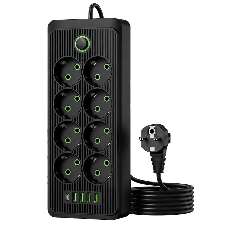 Gyors töltő hosszabbító, DONFANLIA, 2 m kábel, 2500W, 8 aljzat, 4 USB csatlakozó + 1 C csatlakozó, Gyermekvédelem, nagyteljesítmé nyű, Kapcsoló, antisztatikus, Magas hőmérsékletnek ellenálló, Univerzális, Túlfeszültség-védelem, Fekete