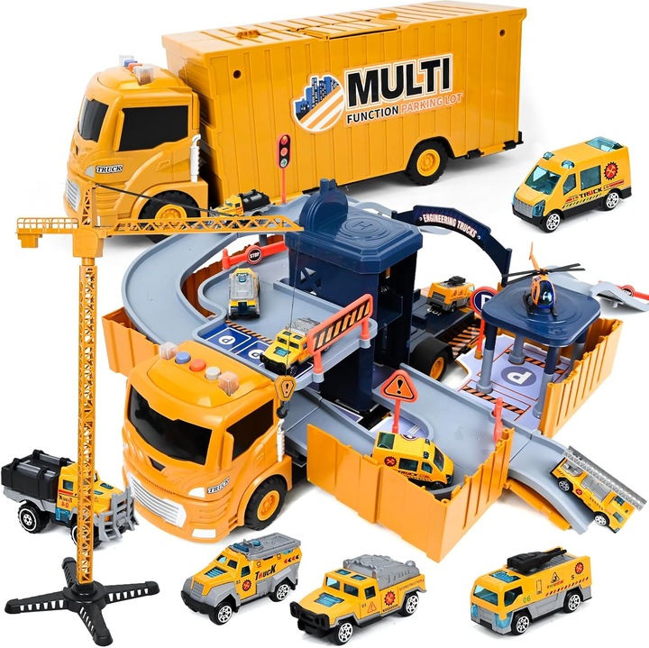 Set jucării camion de construcții cu 6 vehicule, 1 macara, 1 elicopter, Joellfuner, multicolor, 30x15x10cm