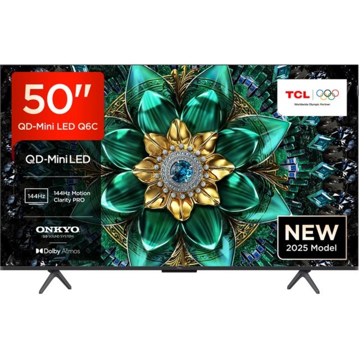 Televizor Smart Mini LED TCL 50Q6C, 50" (127 cm), 4K Ultra HD, QD-Mini LED, Google TV, HDR10+/Dolby Vision, 120/144 Hz, Negru