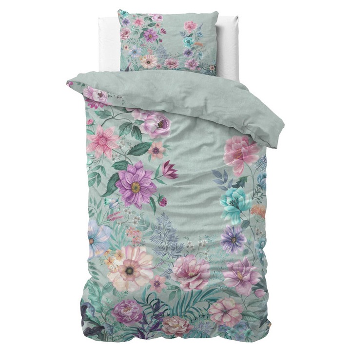 Lenjerie de pat Dreamhouse Flore Blue 100% Bumbac, Anti-Alergică, Verde deschis, 140x220cm, set cu față de pernă 60x70cm