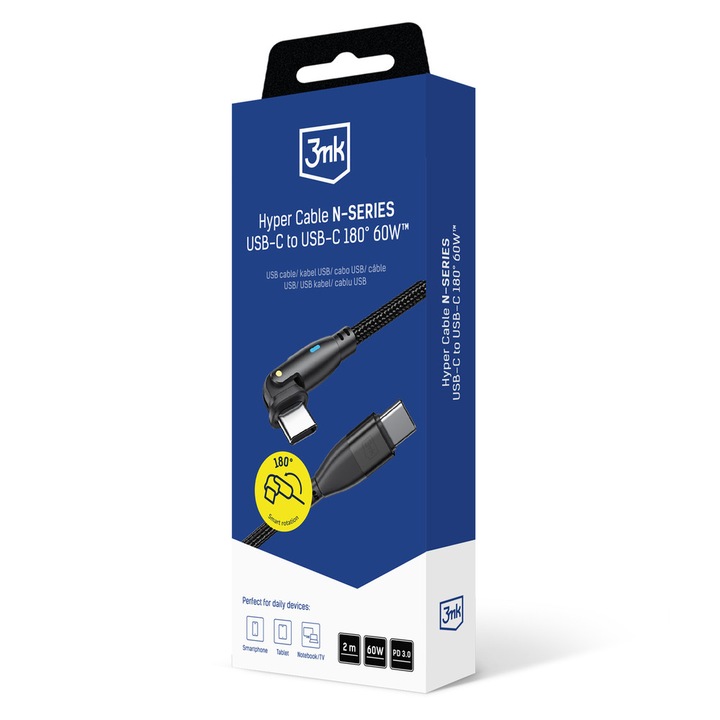Кабел за зареждане и трансфер на данни 3MK Hyper N-SERIES, 2x USB-C, 60W, 3A, 2м, въртене на 180 градуса, Черен