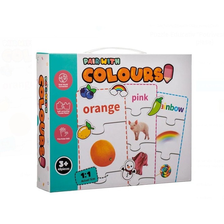 Puzzle educativ Potriveste Culorile in Engleza, 48 piese mari – invatare culori & obiecte, joc educativ 3+ ani