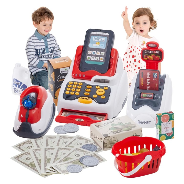Casa de marcat set de jucarii, asskanaer, Set casierie copii, 33 Piese, Casa de marcat cu scanner functional si masina de carduri, Efecte de sunet si lumina, Pentru fete baieti 4+, Plastic, 57.5*48.5*56cm, Multicolor