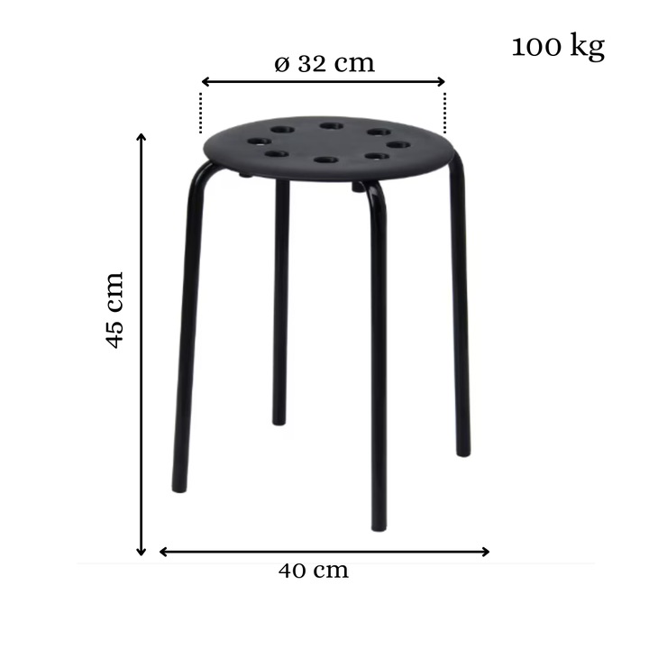 Taburet negru 45 cm din polipropilena si otel – scaun bar stivuibil, modern si rezistent, suporta 100 kg, ideal pentru bucatarie, hol sau dormitor, sezut 32 cm