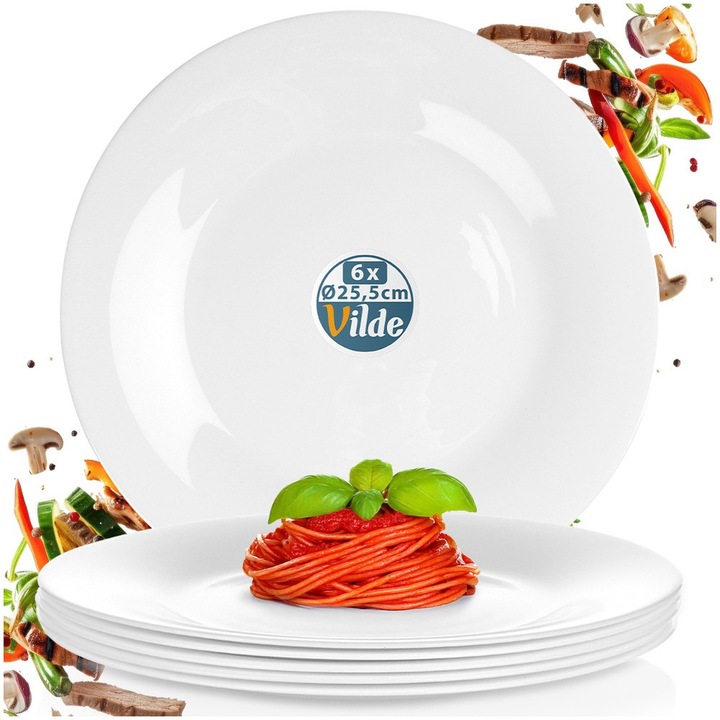 Vilde, 6 darab opálüveg tányérkészlet, 25,5 cm, fehér, klasszikus kerek design