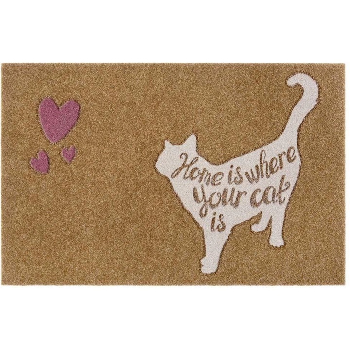 Covorase De Intrare Tapeso, Model Pisica, Antiderapant, Bej, 45x70 cm
