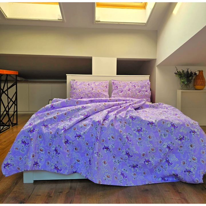 Спално бельо от 4 части, за 2 души, класически гладък плат, 100% памук, флорален декор - 17