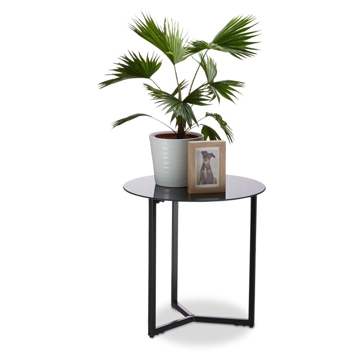 Masuta de cafea Relaxdays, Rotunda, 51 x 50 cm, Otel/Sticla, Negru