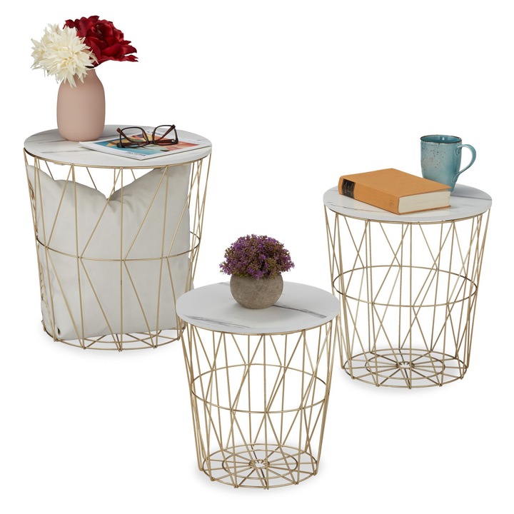 Set 3 masute de cafea tip cos Relaxdays, 31 x 39 cm/ 36 x 34 cm/40 x 39 cm, Capac detasabil, Fier/MDF, Auriu/Gri