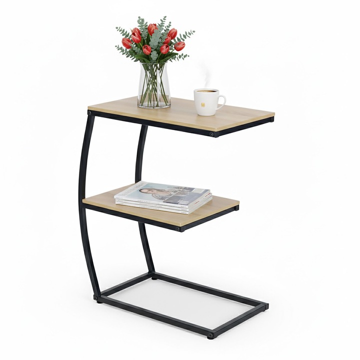 Masuta de cafea laterala Relaxdays, in forma de C, 2 niveluri,47.5 x 25 x 58.5, MDF/Fier, Negru/Maro