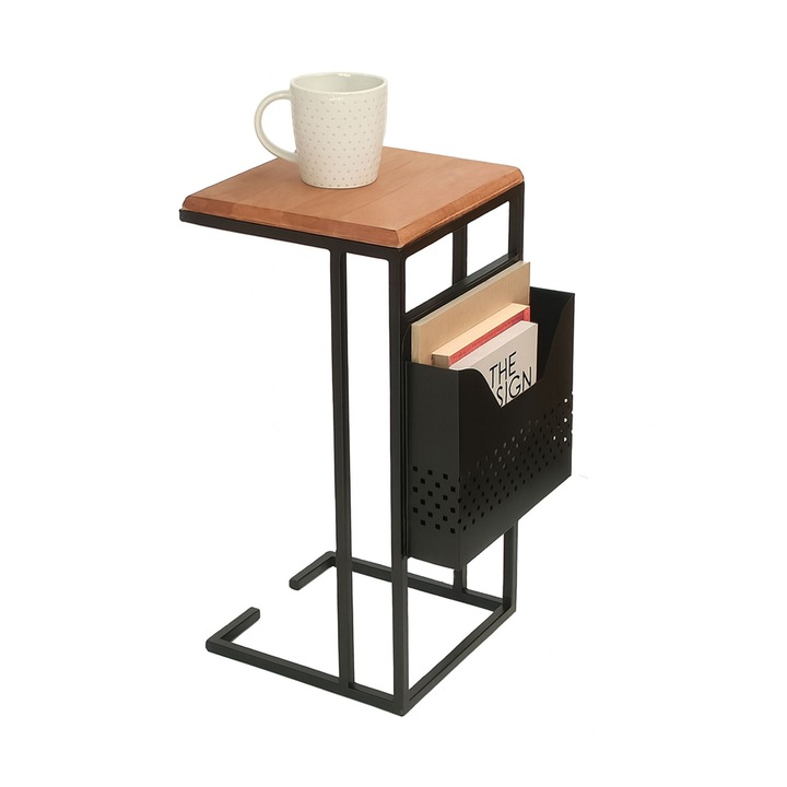 Masuta laterala Relaxdays forma de C, 37 x 30 x 63 cm, Suport pentru ziare metalic, Metal/Lemn, Maro/Negru