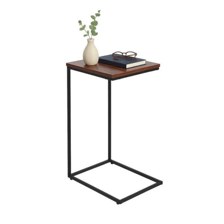 Masuta laterala Relaxdays, 61 x 45 x 30 cm, structura din fier, MDF, in forma de C, Negru/ Maro inchis