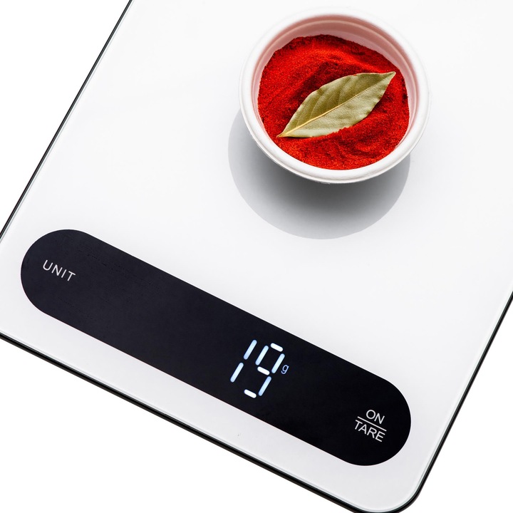Cantar Bucatarie, Adler, AD3177wb, Platforma Sticla, Precizie 1g, Capacitate 10kg, Afisaj LED, Functie TARA, Incarcare USB-C, Touch Control, Masurare Lapte, Sticla Temperata, Usor De Curatat, 16 x 22 cm