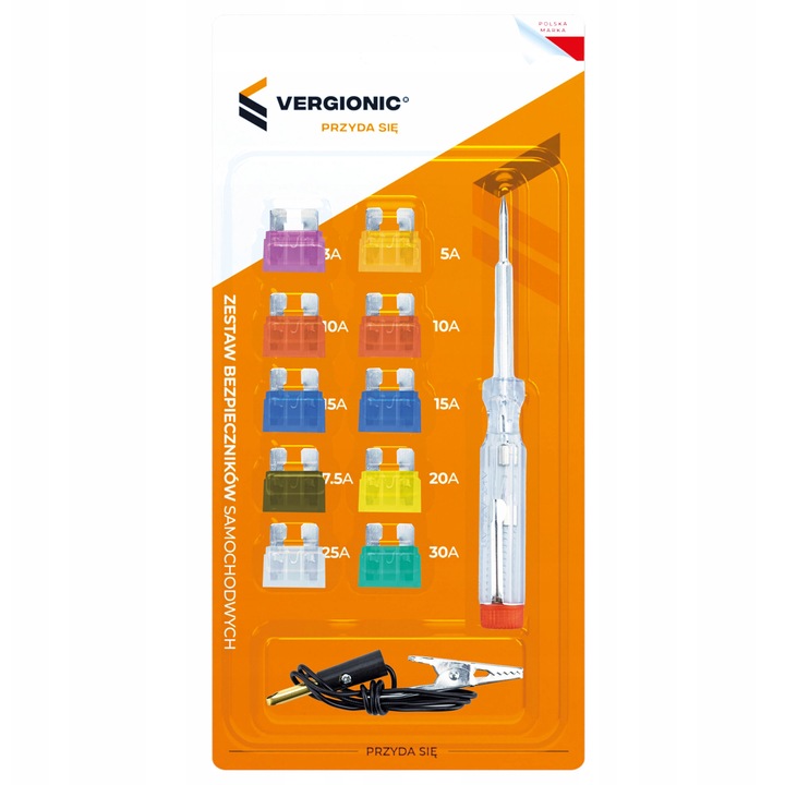 Zestaw sigurante auto Vergionic, 10 piese, 3A-30A, cu proba de tensiune 6V/12V/24V