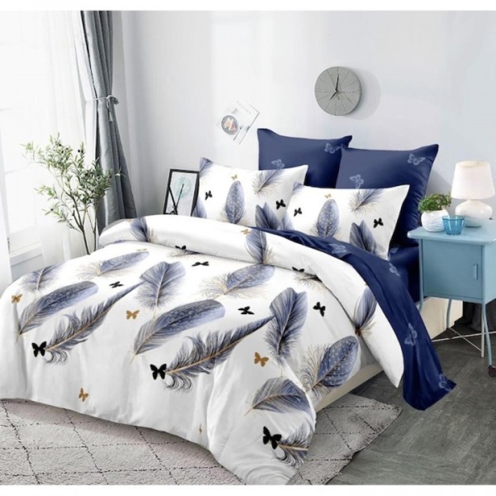 Set Lenjerie de Pat Dublu, Finet Cu Pene, Alb și Bleumarin, 200x230cm + 230x250cm + 2x70x70cm + 2x50x70cm