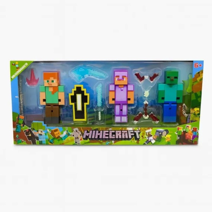 Minecraft figura készlet – 3 karakter + fegyverek és kiegészítők, gyermekjátékok, 6+ év