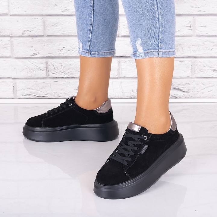 Pantofi dama casual Negri din Piele Naturala Intoarsa Alersa, Negru