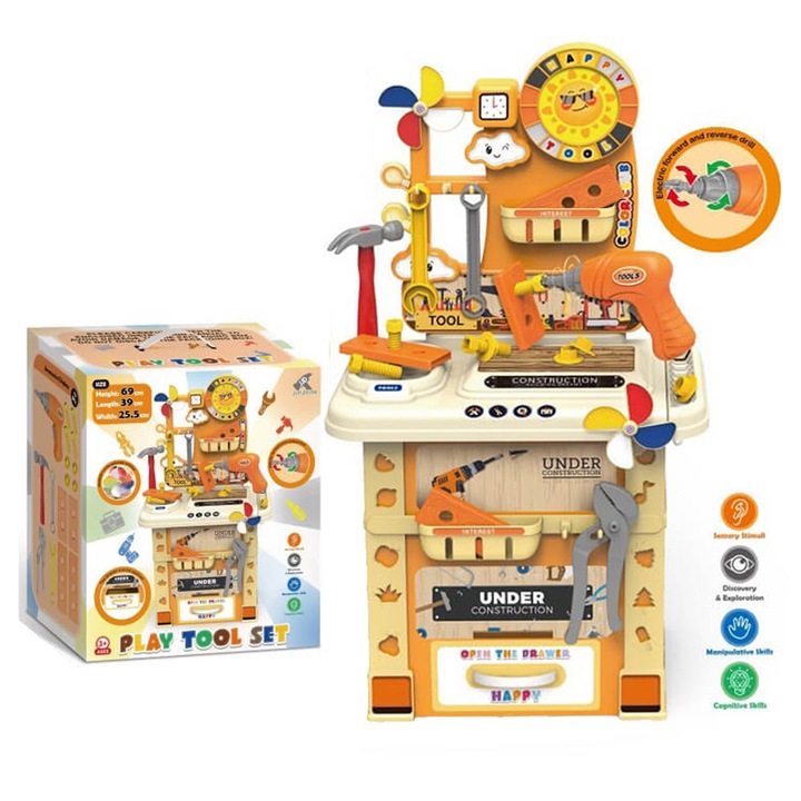 Banc de lucru pentru copii cu scule + bormasina electrica simulata, 69 cm, 17 piese, jucarie educativa