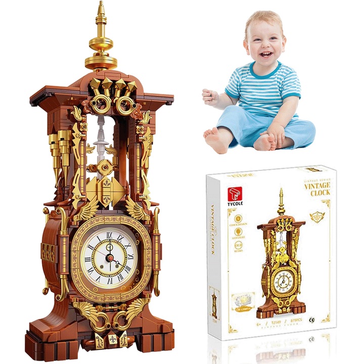 Set de blocuri de constructie ceas functional Tycole, 879 piese, iluminare controlata prin rotita, multicolor, 34.2x14.1x8.5 cm