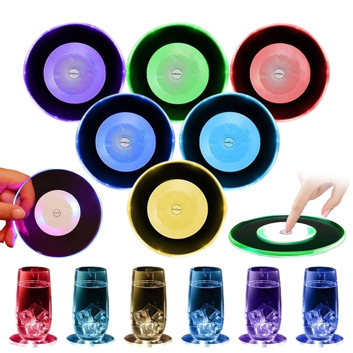Set suporturi pahare LED, Juksun, 6 buc, transparent, multicolor, diametru 10 cm