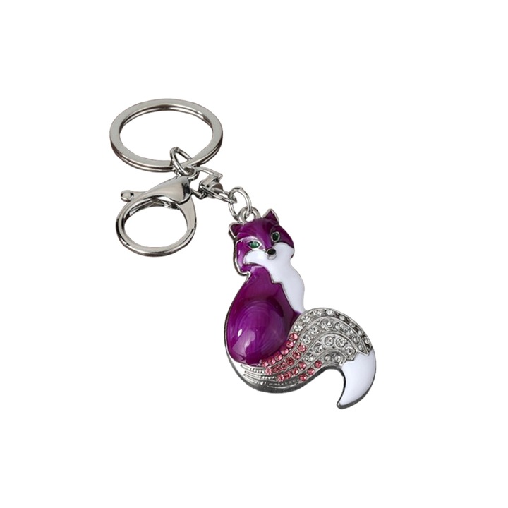 Elegáns róka medál, zománcozott ötvözetből, strasszokkal (farok), ezüst és lila
