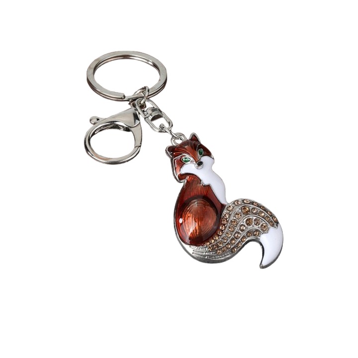 Elegáns róka medál kulcstartó, zománcozott ötvözetből, strasszokkal (farok), ezüst és világosbarna