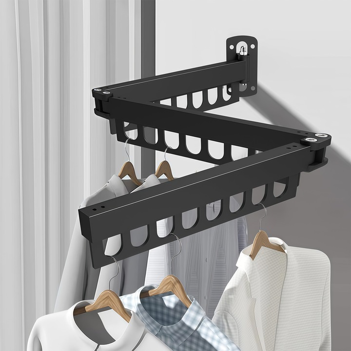 Сушилник за дрехи, Wacorresi®, разтегателен и сгъваем 3 пъти, 24 въртящи се куки, издръжлив алуминий, лесен за инсталиране, голяма товароносимост, за балкон, баня, 104,5 см, черен