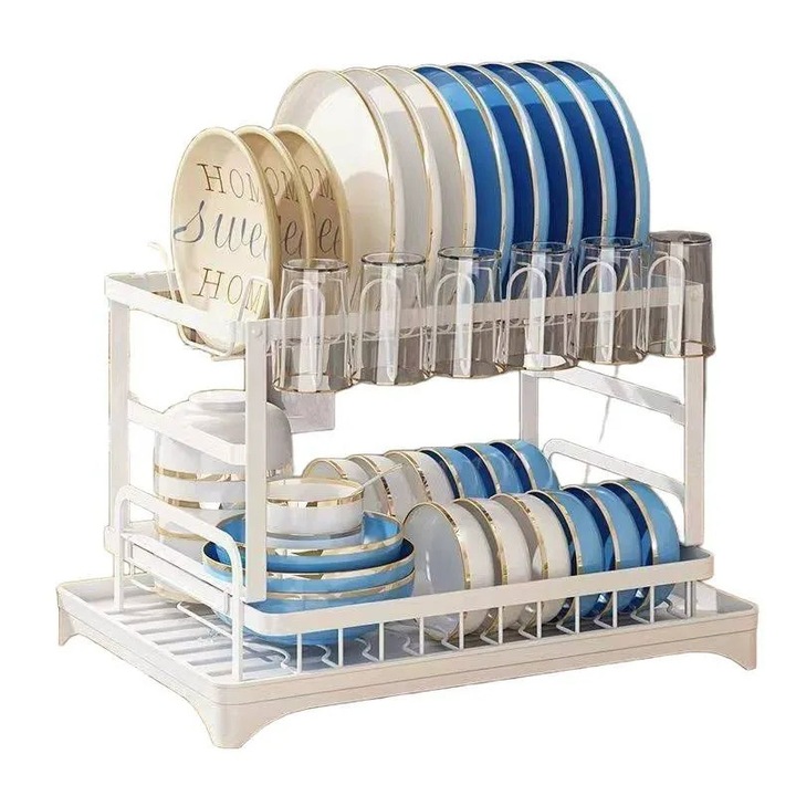 Tányér- és edénytartó, fehér fém doboz, nagy kapacitás, komplett készlet csepegtetőtálcával és evőeszköztartóval