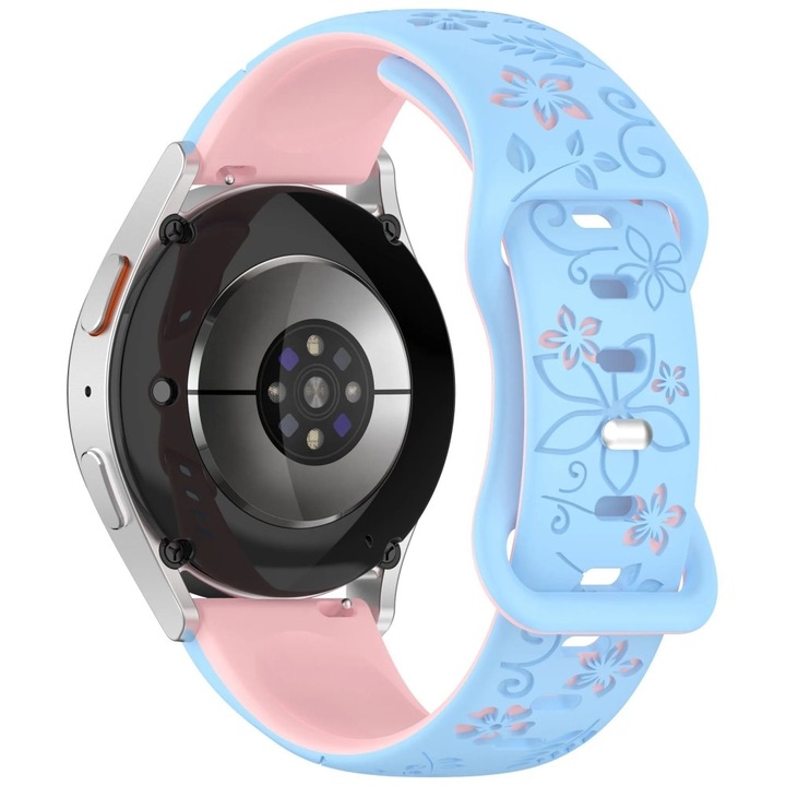 Curea silicon 18mm cu model floral, FunShop, Compatibila cu Huawei Watch GT 4 41mm / GT 5 41mm / GT 5 Pro 42mm / GT 6 41 mm, Prindere rapida, Albastru/Roz
