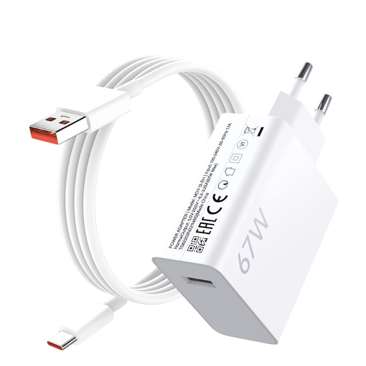 Бързо зарядно устройство Type-C 67W, Bedee, съвместимо с Xiaomi и Redmi, С 1M USB кабел за данни, Бял