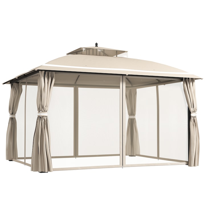 Outsunny Pavilion de Gradina 3.7 x 3 m cu Plase contra Insectelor, Perdele Laterale si Acoperis Dublu, Bej