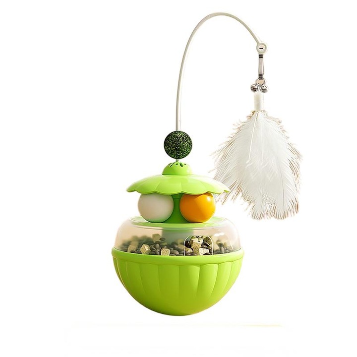 Jucarie interactiva 3-in-1 pentru pisici si distribuitor, design Pisica Norocoasa, betisor pentru joaca cu pisica, menta pentru pisici, cu baza cu ventuza puternica， verde