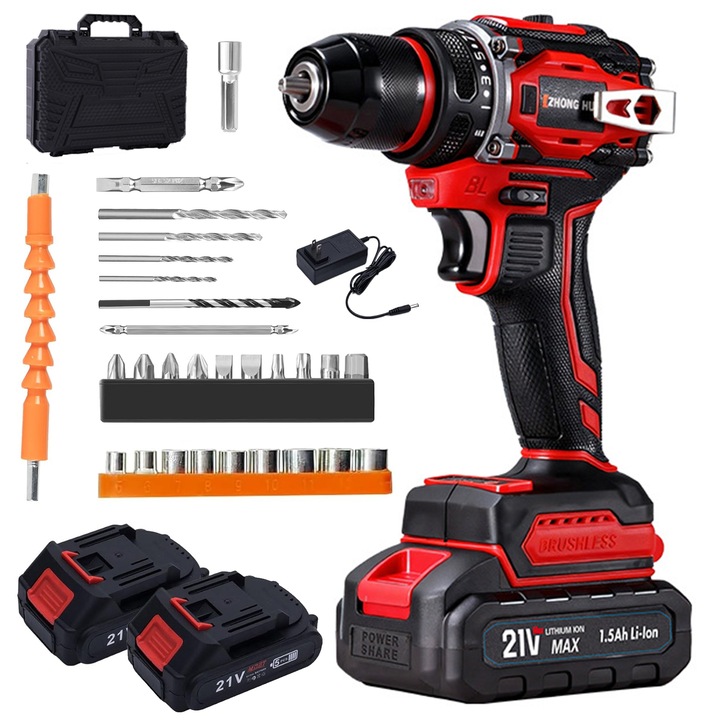 Masina de Gaurit si Insurubat, Ultrixe, 21V, 980w, 2 x Baterii litiu-ion, Incarcator, Cutie Plastic, LED light, rosu