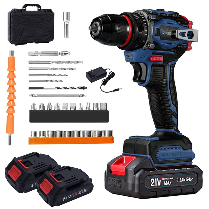 Masina de Gaurit si Insurubat, Ultrixe, 21V, 980w, 2 x Baterii litiu-ion, Incarcator, Cutie Plastic, LED light, Albastru