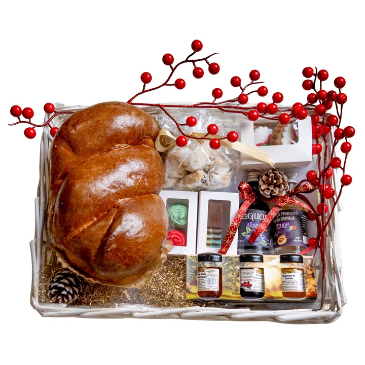 Cos cadou Craciun, Un baiat si o fata, Rasfat Mini, 600g cozonac de casa, 300g turta dulce, multicolor