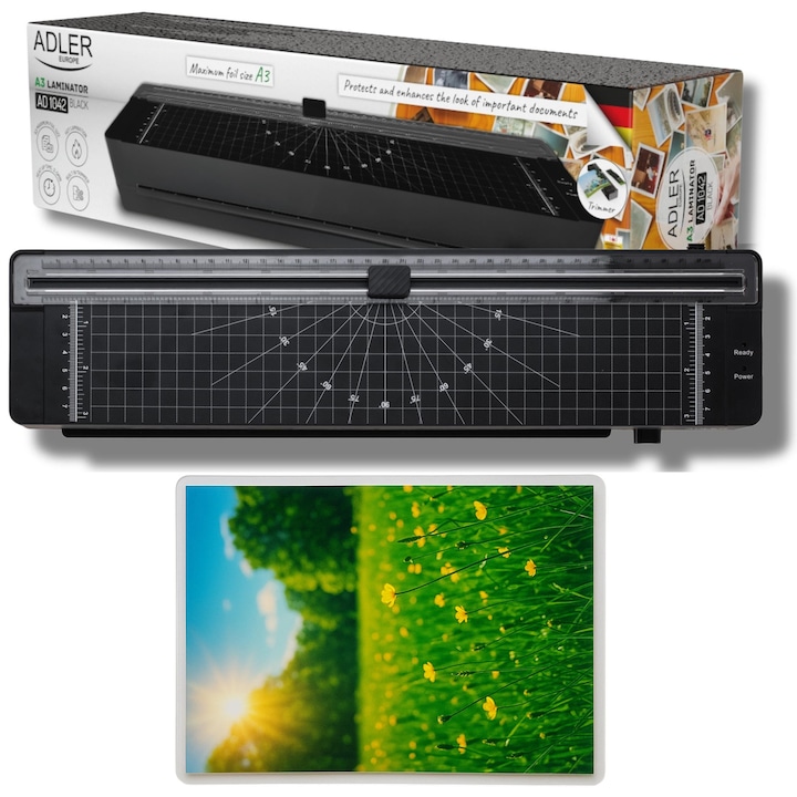 Laminator A3/A4 Adler AD1042B, 300 mm/min, Incalzire 3-5 Min, Negru, Design Compact, Dimensiuni 43,5x10,5x7,08 cm