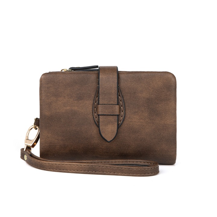 Дамски портфейл RFID, сгъваем на три части, PU кожа, 11 слота за карти, отделение за пари, черен