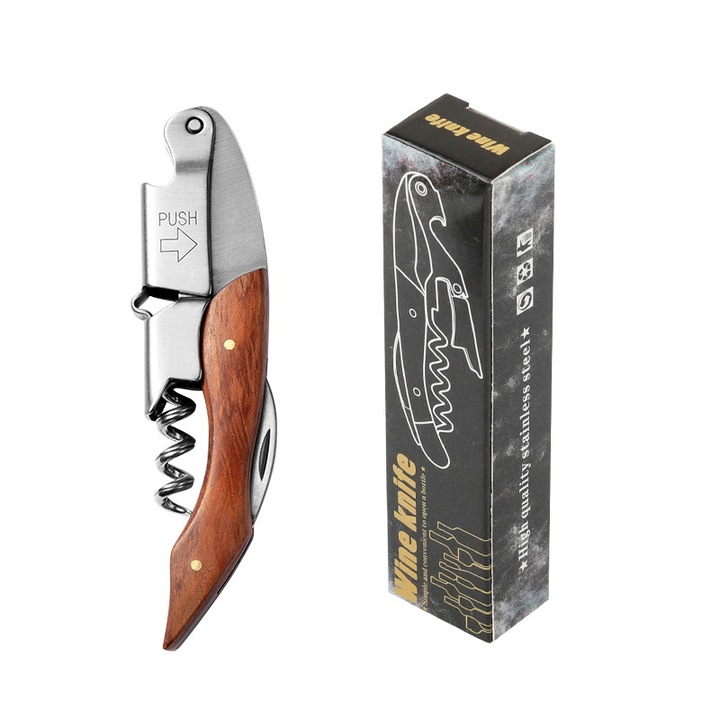 Tirbuson multifunctional SuooTci, inox si lemn, maner ergonomic, maron, 12x3cm