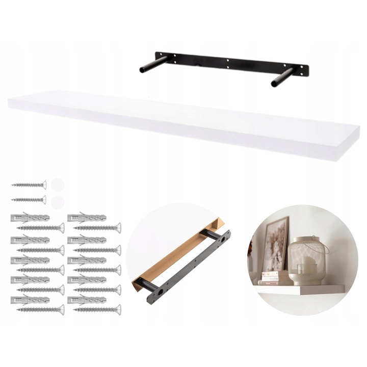 Raft De Perete Suspendat, INTEGRI, Model Hylly, Montare Invizibila, Suporturi Ascunse In Raft, Calitate Inalta, Orificii De Montaj Suplimentare, Capacitate Mare De Incarcare, Design Elegant, 118 x 23 cm, Alb