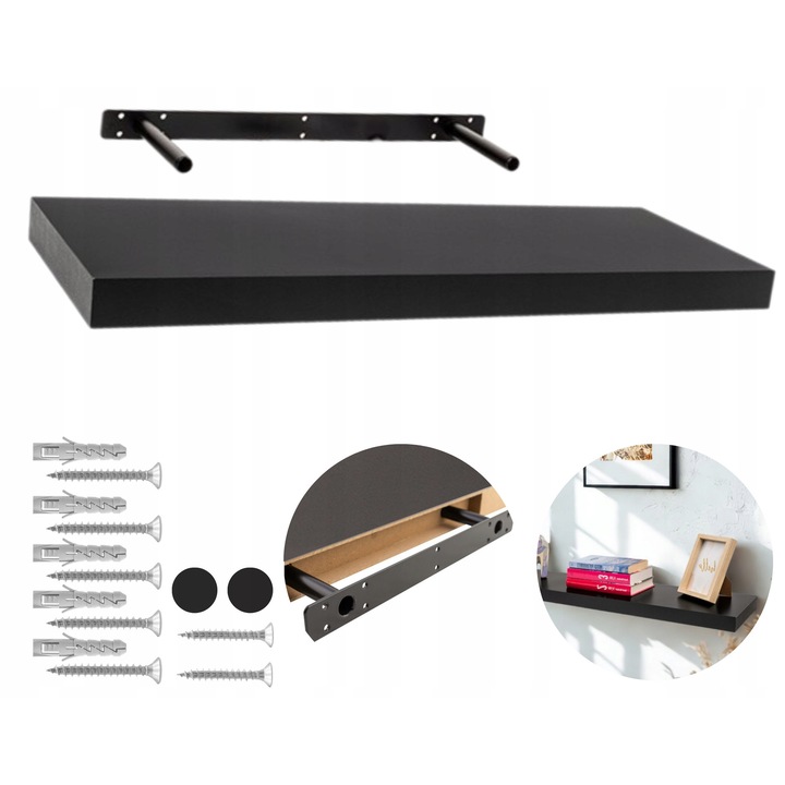 Raft De Perete Suspendat, INTEGRI, Model Hylly, Montare Invizibila, Suporturi Ascunse In Raft, Calitate Inalta, Orificii De Montaj Suplimentare, Capacitate Mare De Incarcare, Design Elegant, 60 x 23 cm, Negru