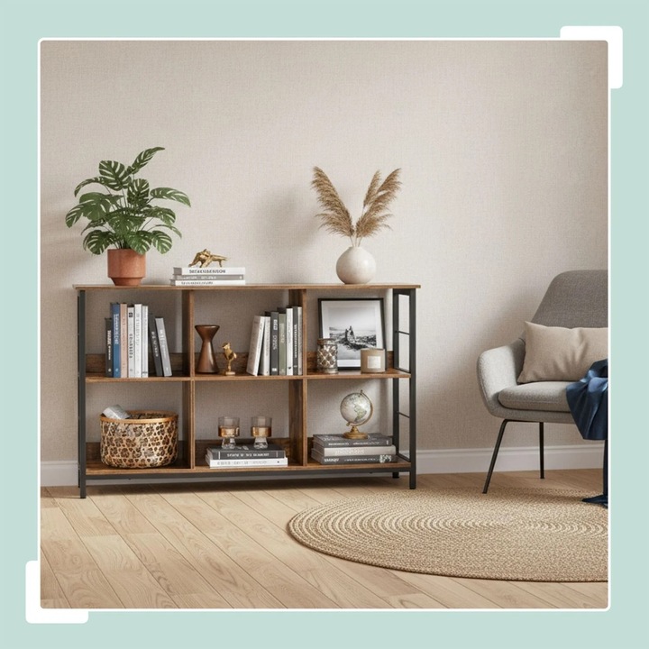 Ipari polc, 6 szintes, fémvázas, fa kivitel