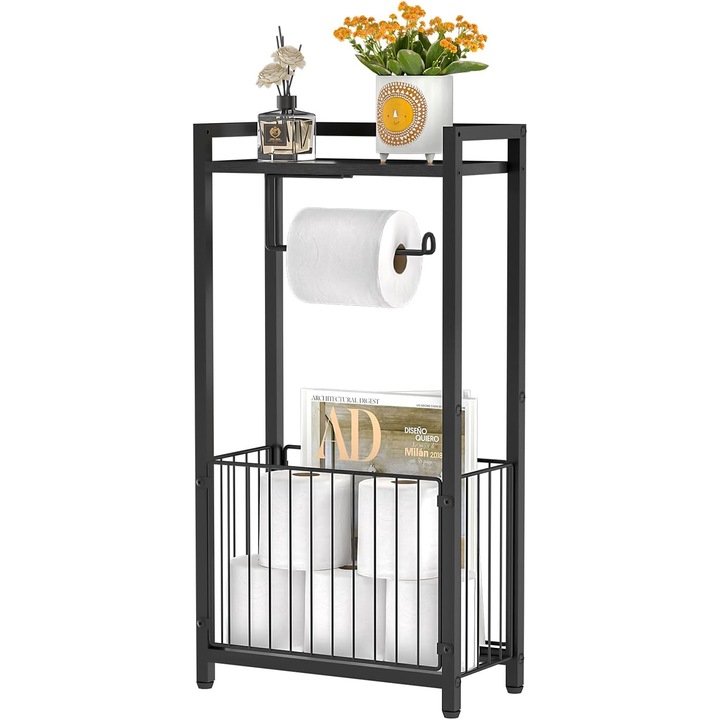 Suport de hartie igienica autoportant cu polita de depozitare – Stand pentru hartie igienica cu spatiu pentru telefon, tableta si reviste – Dispenser si organizator 2-in-1 pentru role de toaleta