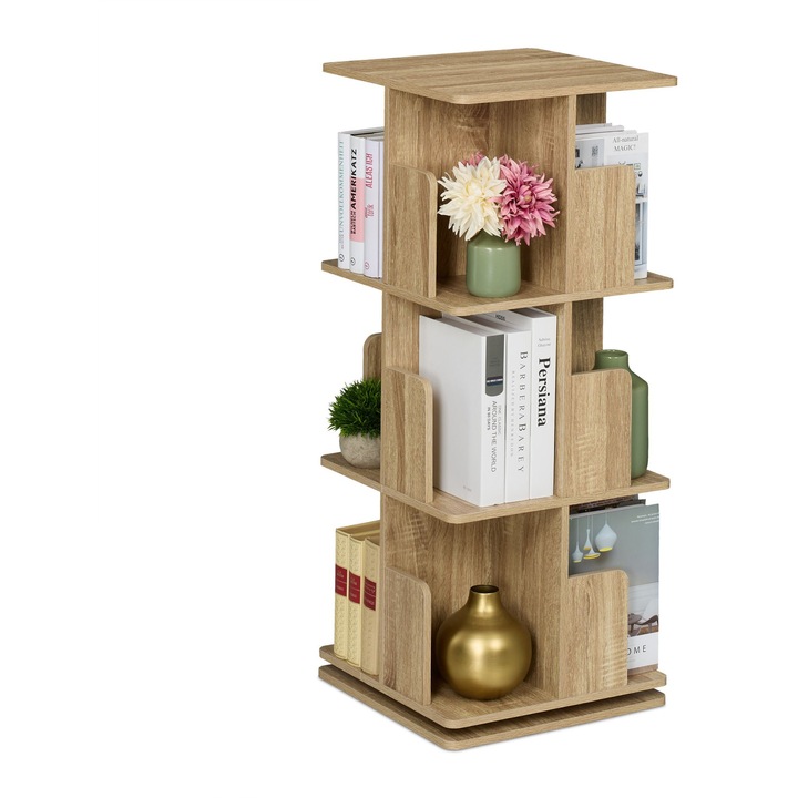 Raft pentru carti Relaxdays, 3 niveluri, Rotativ 360°, 95 x 39 x 39 cm, Lemn, Maro