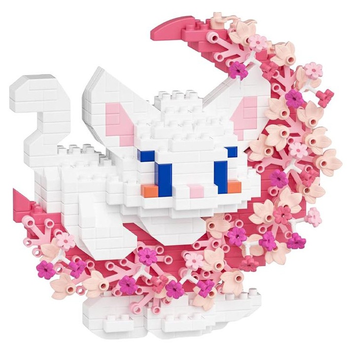 Set de blocuri de construcție Wanyan, pisici miniatură cu flori, 484 articole, alb, pentru decorarea casei și biroului