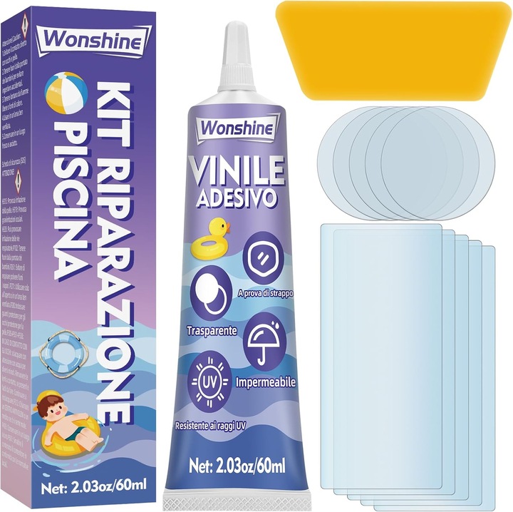 Kit de reparare piscina, solutie adeziva 60 ml, petece tranaparente
