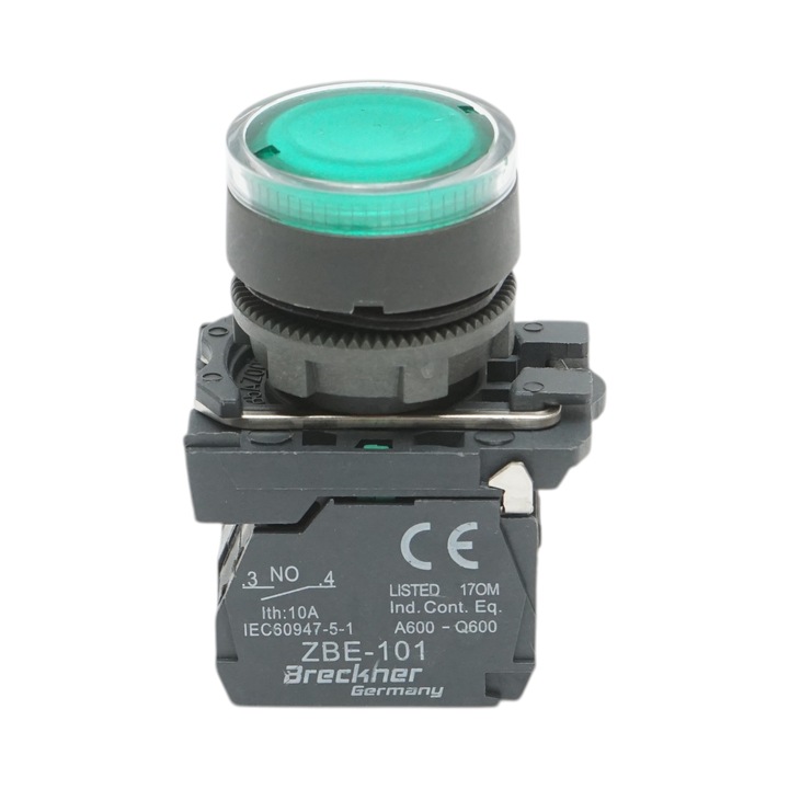 Buton comanda cu revenire si semnalizare LED verde 1NO+1NC, 24V/10A, TB5 Breckner Germany