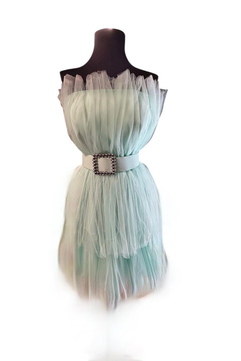 Къса вечерна рокля в ментов пастелен нюанс, с тюлени волани и декоративен колан, Mint